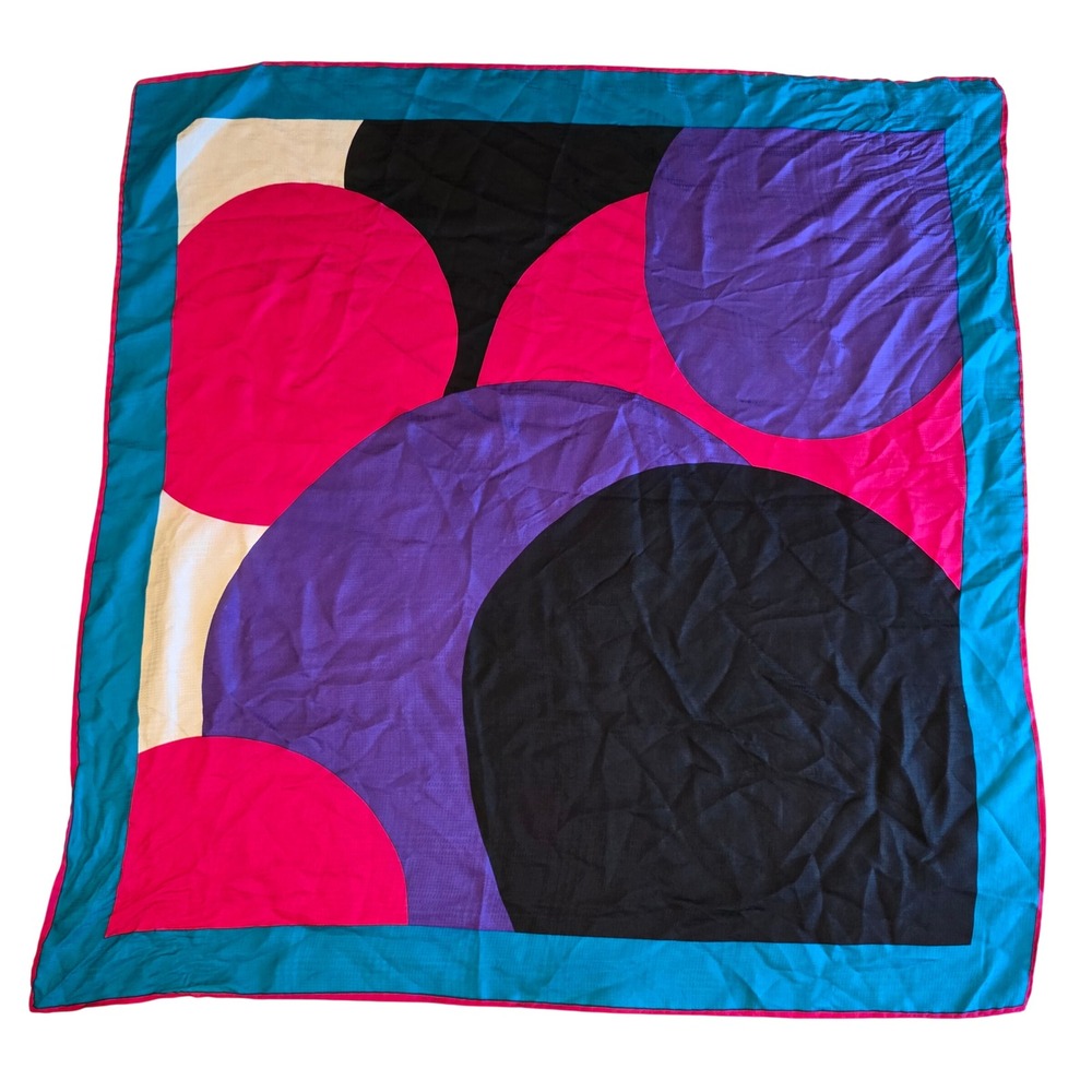 Vintage 80s Silk Scarf Abstract Geometric Colorblock Neon Pink Teal 34x35